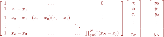 \begin{equation*}
\left[\begin{array}{ccccc}
      1 &         & \ldots &        & 0  \\
      1 & x_1-x_0 &        &        &    \\
      1 & x_2-x_0 & (x_2-x_0)(x_2-x_1) &        & \vdots   \\
 \vdots & \vdots  &        & \ddots &    \\
      1 & x_k-x_0 & \ldots & \ldots & \prod_{j=0}^{N-1}(x_N - x_j)
\end{array}\right]
\left[\begin{array}{c}    c_0 \\  c_1 \\  c_2  \\     \vdots \\     \\     c_{N} \end{array}\right] =
\left[\begin{array}{c}    y_0 \\  y_1 \\  y_2 \\  \vdots \\ \\    y_{N} \end{array}\right]
\end{equation*}