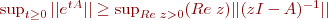 
\sup_{t\geq 0} ||e^{tA}|| \geq \sup_{Re\; z > 0} (Re\; z)||(zI-A)^{-1}||
