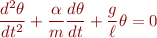 \begin{eqnarray*}
\frac{d^2\theta}{dt^2} + \frac{\alpha}{m} \frac{d\theta}{dt} + \frac{g}{\ell} \theta = 0
\end{eqnarray*}