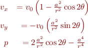\begin{eqnarray*}
 v_x &=  v_0 \left(1 - \frac{a^2}{r^2} \cos 2 \theta \right) \\
 v_y &= -v_0 \left(\frac{a^2}{r^2} \sin 2 \theta \right) \\
   p &=   2 \frac{a^2}{r^2} \cos 2 \theta - \frac{a^4}{r^4}
\end{eqnarray*}