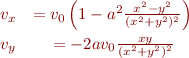 \begin{eqnarray*}
v_x &= v_0 \left(1 - a^2 \frac{x^2 - y^2}{(x^2+y^2)^2}\right) \\
v_y &= -2 a v_0 \frac{xy}{(x^2+y^2)^2}
\end{eqnarray*}